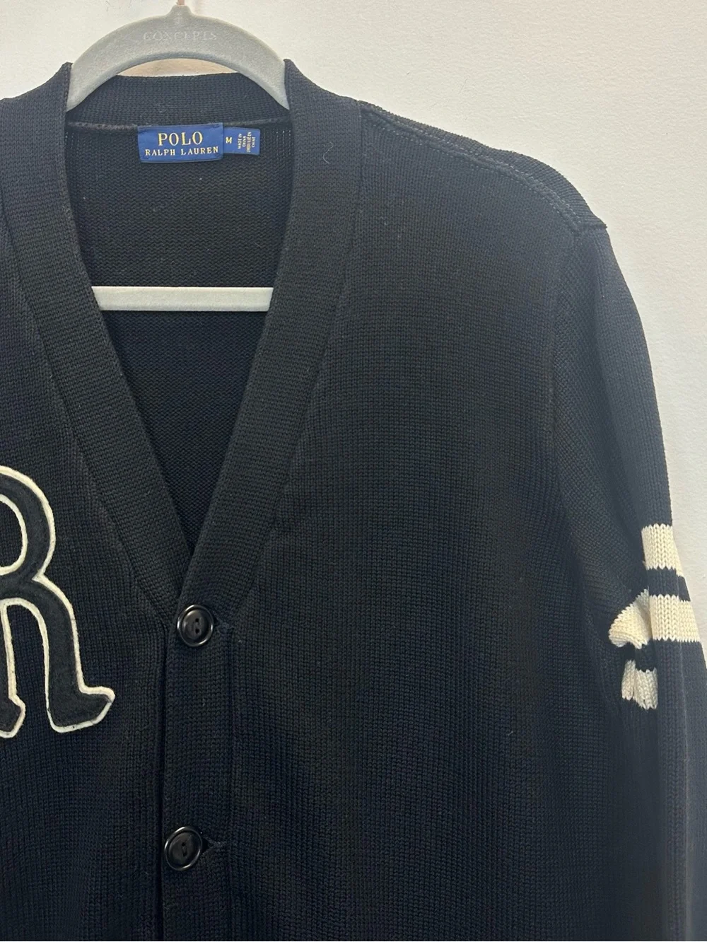 Polo Ralph Lauren Black Varsity-Style Cardigan with White Appliqué
